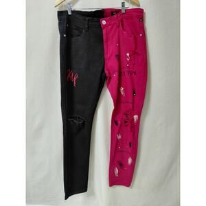 KLEEP Two-Tone Distressed Jeans Colorblock Denim Unisex Adults-See Measurements